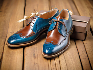 Men's Shoes with Gift Box and Bow in Masculine Blues and Browns - Father's Day Gift Guide Theme