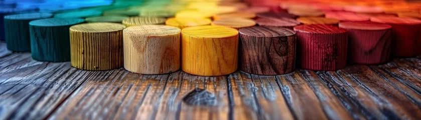 Fotobehang A round table made from wooden blocks of different colors, depicting a meeting of diverse leaders, clean and clear style, space for text © Naret