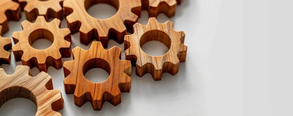Fotobehang A series of interconnected gears made from wooden blocks, each gear turning another, showcasing how inspirational leadership drives all parts of an organization, minimalist background, space for text © Naret