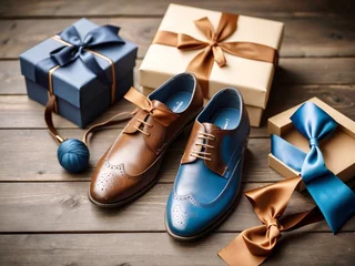 Fotobehang Men's Shoes with Gift Box and Bow in Masculine Blues and Browns - Father's Day Gift Guide Theme © Mahmud