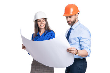 Supervisor engineer with blueprint. Plan construction project. Architect planning work. Chief engineer and architect in hardhat isolated white. Safety business. Data protection. Architectural project