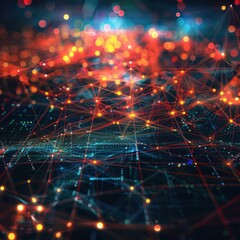 Obraz premium Digital abstract cyberspace many points and lines connecting data that lights up, internet transfer speed. Concept for technology, future, connectivity, data visualization.