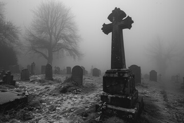 The silence of the cemetery is broken only by the whispers of the wind and the soft murmur of prayers. - obrazy, fototapety, plakaty