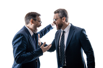 two businessmen conflicting at rivalry having business fight isolated on white