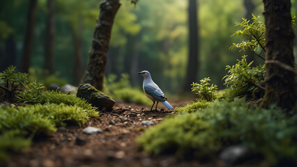 A blue bird is standing on a mossy patch of ground - Powered by Adobe