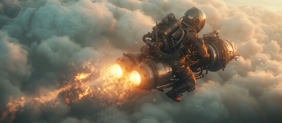 Man Dressed in Steampunk Fashion Soaring Through the Clouds