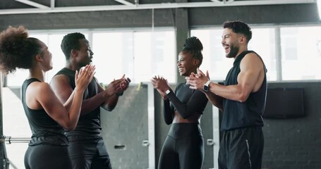 Group, fitness and motivation for huddle, workout and wellness in studio gym with diversity. Friends, fun and exercise for weight loss, commitment or goals with personal trainer or professional coach