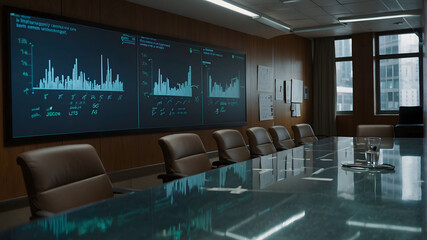 A large conference room with a large screen displaying graphs and charts