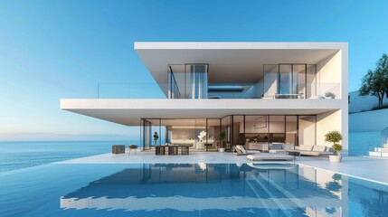 A modern house with a pool and a view of the ocean.

