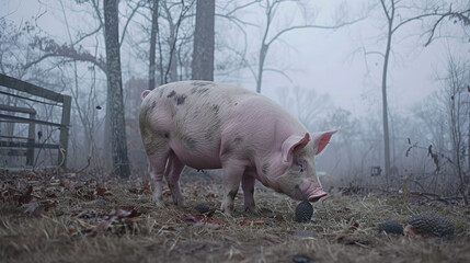Pig Foraging for Truffles in Misty Woodland