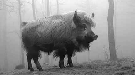 Pig Foraging for Truffles in Misty Woodland