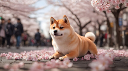 A dog is laying on the ground in front of a tree with pink flowers
