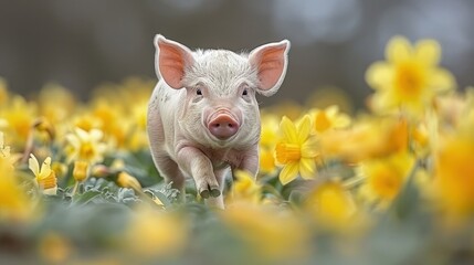 Curious Piglet Exploring Wildflower Field