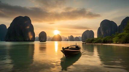 A boat is floating on a lake with a sunset in the background