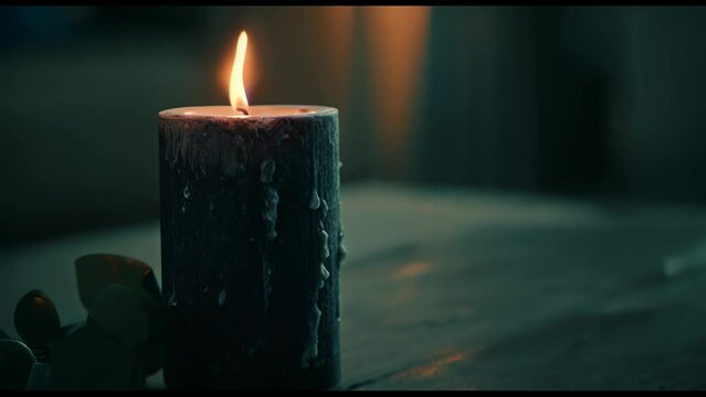 A Moody Dark Candle flickering at night on top of a table