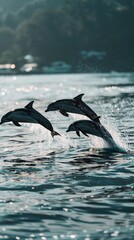 Playful Dolphins, Silhouettes of dolphins leaping out of the water in a synchronized display of joy