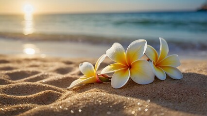 A beach scene with a few yellow flowers on the sand - Powered by Adobe