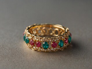 Close-up of a gold ring with multicolored gems.