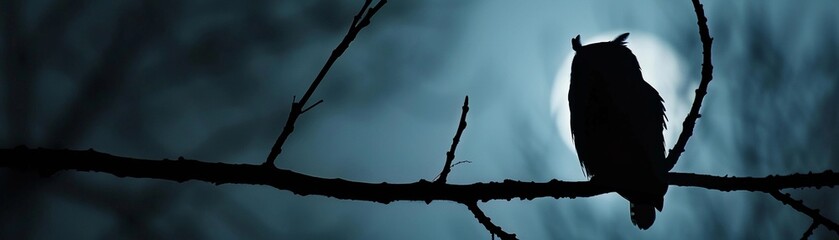 Naklejka premium Hooting Owl, A silhouette of an owl perched on a branch, hooting softly in the moonlight
