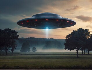 UFO in the night sky. Flying saucer in the sky.