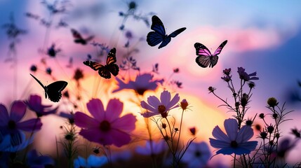 Butterfly Fluttering, Silhouettes of butterflies fluttering among flowers in a garden