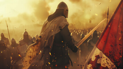 Fototapeta premium Templar hero with helmet, cape, chainmail, and sword, on an epic medieval battlefield, with an army in the background prepared for war, with flags, spears, and a standard. Wallpaper of the Crusades.
