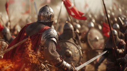 Medieval Crusades of Christians against the Ottoman Turkish Muslims. Soldiers with metal armor and helmets on the battlefield fighting in a war against Islam.