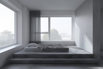 Serene Berlin bedroom with minimalist floating bed design, monochrome palette and morning light in a modern apartment.