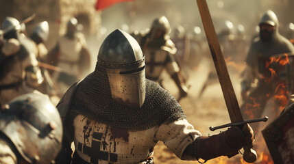 Medieval Christian Crusader soldier, with a longsword in hand, fighting in the heat of battle, in an epic war against the muslim infidels, surrounded by warriors. Cinematic historical scene.