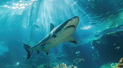 Paint a vivid picture of an underwater scene with fish shark