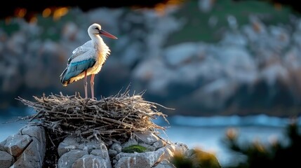 Obraz premium A stork's nest perched precariously on the edge of a rocky cliff, overlooking a rugged coastline battered by crashing waves.