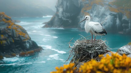 Fototapeta premium A stork's nest perched precariously on the edge of a rocky cliff, overlooking a rugged coastline battered by crashing waves.