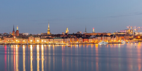 Scenic panoramic view of Gamla Stan, in the Old Town in Stockholm at night, capital of Sweden