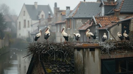 Obraz premium A group of storks nesting on the rooftops of quaint village houses, their distinctive clacking calls filling the air with a sense of serenity.