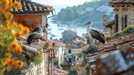 Fototapeta premium A group of storks nesting on the rooftops of quaint village houses, their distinctive clacking calls filling the air with a sense of serenity.