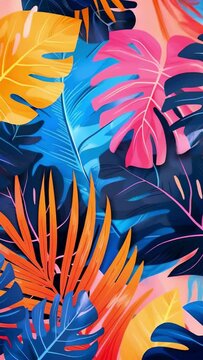 trendy summer Bali style floral patter background , colorful leaves palm shape art video wallpaper. Summer colors botanical tropical leaves ,sun light and shadows, pink, blue lea