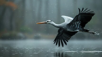 Fototapeta premium A stork flies. Its powerful wings beat against the wind as it braved the elements in search of food.
