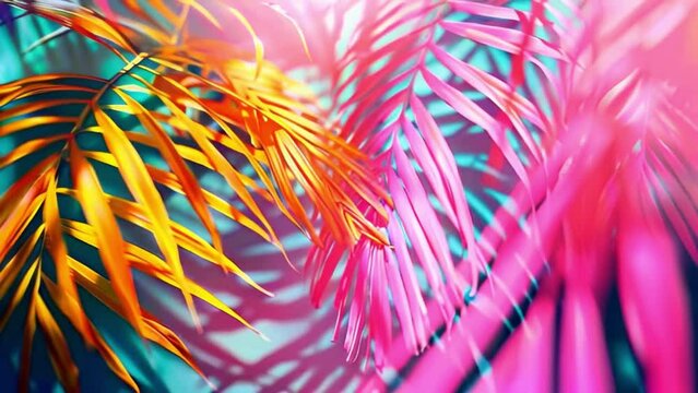 trendy summer Bali style floral patter background , colorful leaves palm shape art video wallpaper. Summer colors botanical tropical leaves ,sun light and shadows, pink, yellow lea 