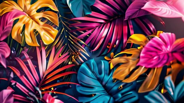 trendy summer Bali style floral patter background , colorful leaves palm shape art video wallpaper. Summer colors botanical tropical leaves ,sun light and shadows, pink, yellow lea