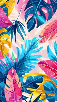 trendy summer Bali style floral patter background , colorful leaves palm shape art video wallpaper. Summer colors botanical tropical leaves ,sun light and shadows, pink, yellow lea