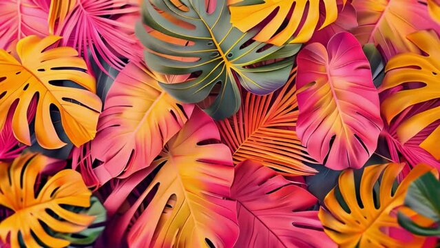 trendy summer Bali style floral patter background , colorful leaves palm shape art video wallpaper. Summer colors botanical tropical leaves ,sun light and shadows, pink, yellow lea