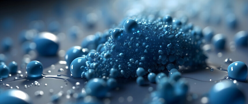 Intricate image of blue droplets forming patterns reminiscent of a molecular or atomic structure on a surface