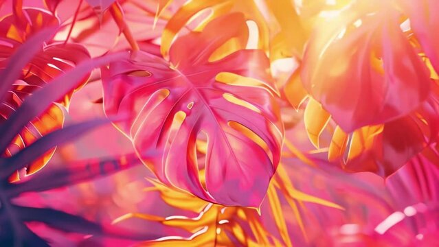 trendy summer Bali style floral patter background , colorful leaves palm shape art video wallpaper. Summer colors botanical tropical leaves ,sun light and shadows, pink, yellow lea