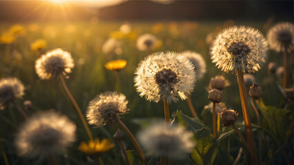 A field of dandelions is in full bloom, with the sun shining brightly on them