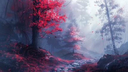 A red tree in a misty forest with a stream of water