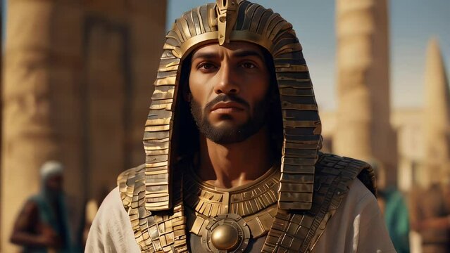 An Egyptian Pharaoh wearing an outfit with detailed jewelry and an ancient Egyptian background. The pharaoh wears a massive, detailed golden collar, adorned with intricate patterns