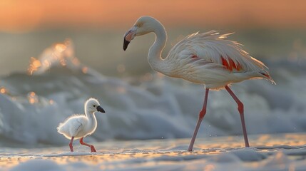 A flamingo chick taking its first tentative steps on the soft sandy shore of a pristine beach