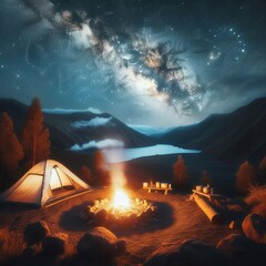 Night camp with a tent and campfire, on a starry night
