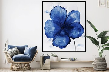 Artistic Navy Blue Floral Boho Decor Printable Poster With Bohemian Style Blue Flower