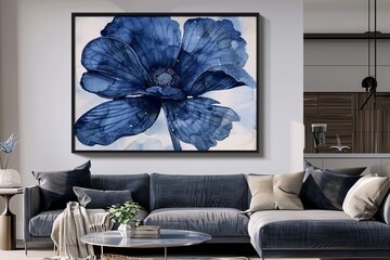 Navy Blue Botanical Art: Boho Chic with Blue Flowers for Unique Home Decor